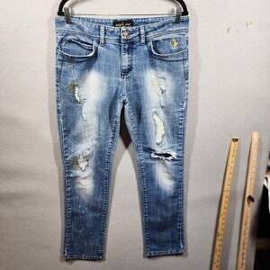 Vintage Baby Phat Jeans Womens 11 Blue Distressed Skinny Embroidered Stud Logo